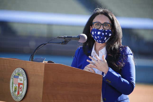 Los Angeles City Council President Nury Martinez addresses a press conference held at the launch of a mass COVID-19 vaccination site at Dodger Stadium Friday, Jan. 15, 2021, in Los Angeles.