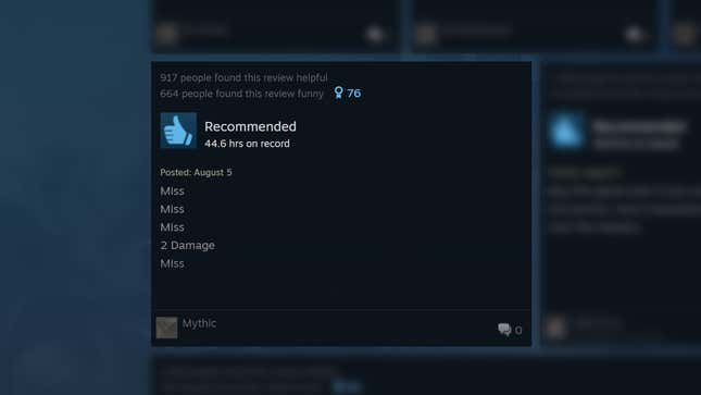 A positive review says: "Miss, Miss, Miss, 2 Damage, Miss."
