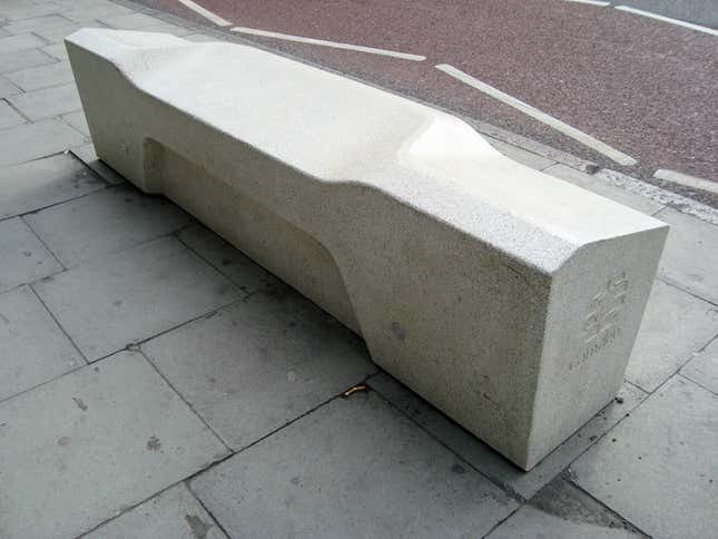 This Camden bench in London has been designed to prevent multiple activities: a sloping edge makes sleeping or reclining on it uncomfortable, angles stop litter accumulating, and it has a fluctuating edge to prevent skateboarders.