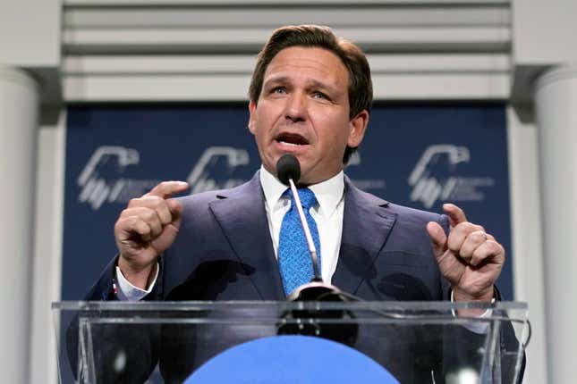 Florida Gov. Ron DeSantis speaks at an annual leadership meeting of the Republican Jewish Coalition on Nov. 19, 2022, in Las Vegas. DeSantis reiterated Monday, Jan. 23, 2023, that the state’s rejection of a proposed nationwide advanced African American studies course, saying it pushes a political agenda — something three authors cited in the state’s criticism accused him of doing in return. 