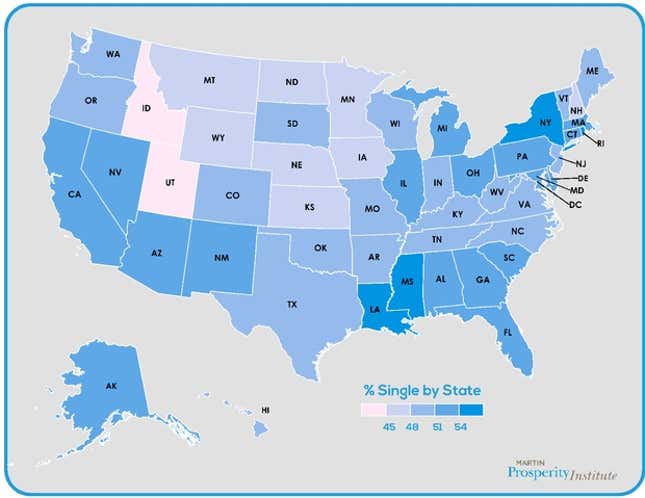 Map showing percentage single by state