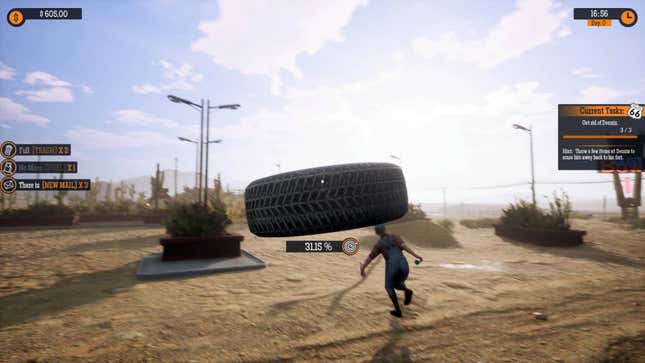 A child runs away in a gas station parking lot as a tire is being hurled at his head.