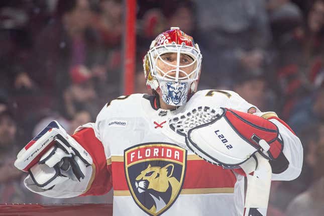 Mar 27, 2023; Ottawa, Ontario, CAN; Florida Panthers goalie Sergei Bobrovsky(72) looks up the ice prior to start of game agaist the Ottawa Senators at the Canadian Tire Centre.