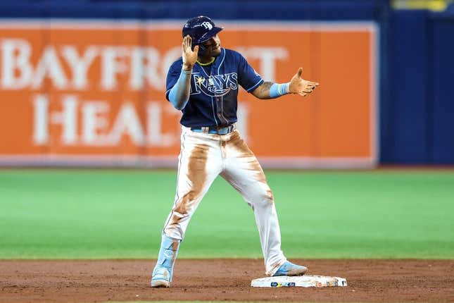 Apr 24, 2023; St. Petersburg, Florida, USA;  Tampa Bay Rays shortstop Wander Franco (5) reacts after hitting a double against the Houston Astros in the second inning at Tropicana Field.