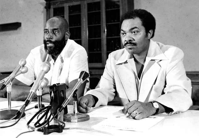 Massachusetts State Senator Bill Owens, right, and Representative Mel King sit during a press conference in which Owens endorsed King in his candidacy for Boston mayor at the Massachusetts State House in Boston on Aug. 6, 1979.