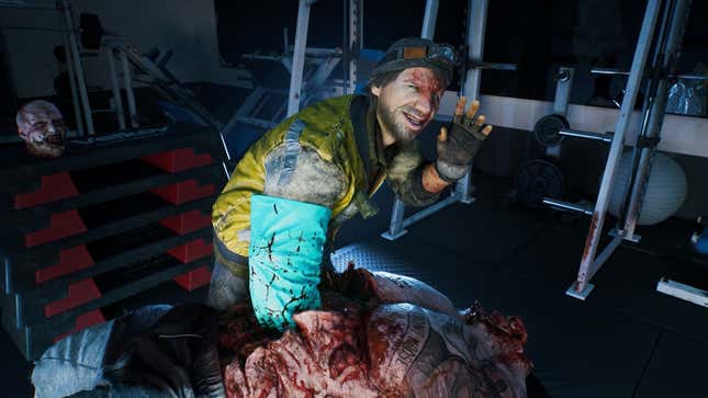 Dead Island 2'deki bir NPC, kafası olmayan bir zombinin midesini eliyle tutuyor.