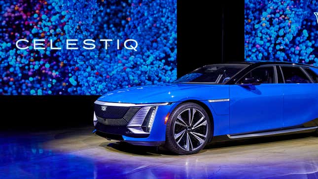 A blue Cadillac Celestiq is revealed on stage with the name "Celestiq" on a screen behind it.