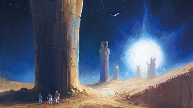 The cover art for Sandymancer, depicting three small figures on a landscape scattered with strange statues