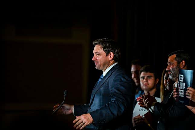 Florida Governor Ron DeSantis speaks during a primary election night event in Hialeah, Florida, on August 23, 2022. - DeSantis will face US Representative Charlie Crist (D-FL) in the general election for governor of Florida on November 8, 2022.