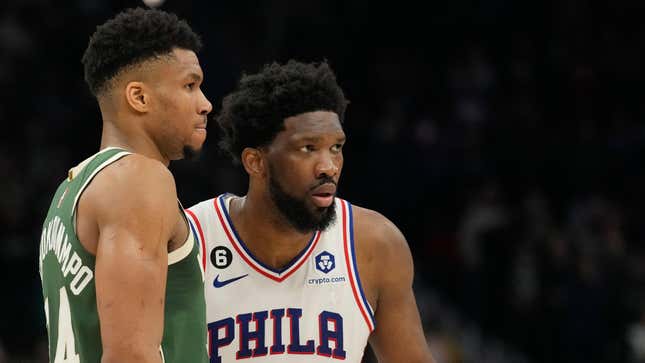 Giannis Antetokounmpo of the Milwaukee Bucks and Joel Embiid of the Philadelphia 76ers in the second half of the game at Fiserv Forum on March 04, 2023 in Milwaukee, Wisconsin. 