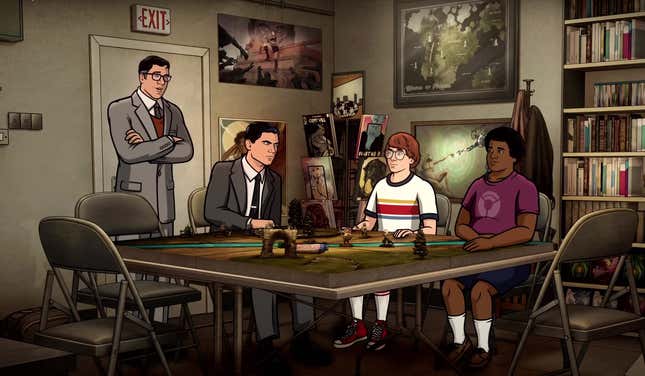 A still from the season 12 trailer for Archer features Cyril standing while Archer plays a tabletop game with two nerds.