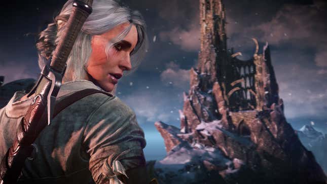 Ciri looks back toward the camera as a ruin is seen off in the distance.