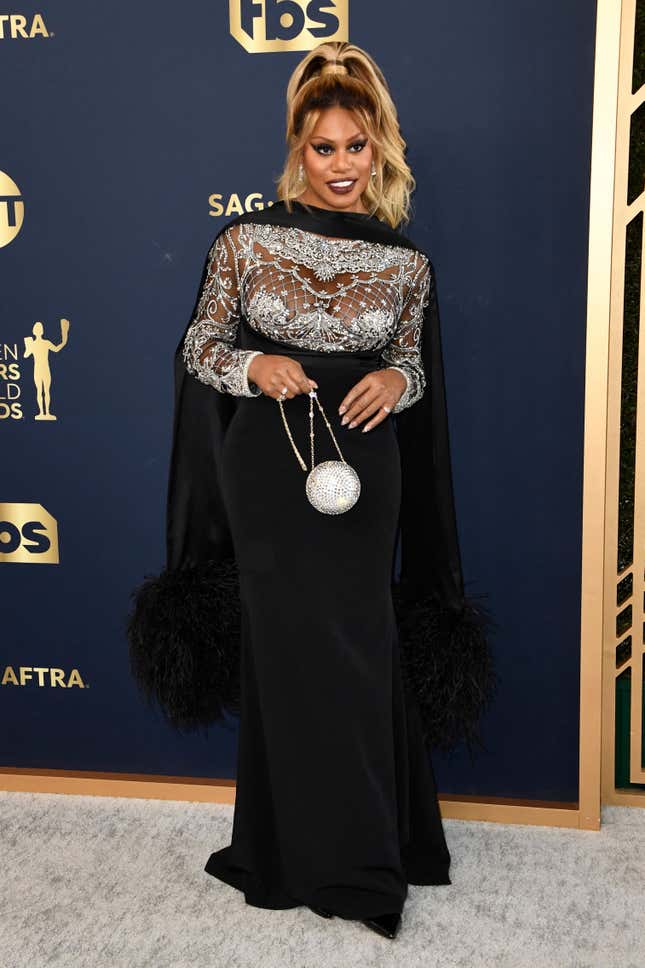 US actress Laverne Cox arrives for the 28th Annual Screen Actors Guild (SAG) Awards at the Barker Hangar in Santa Monica, California, on February 27, 2022.