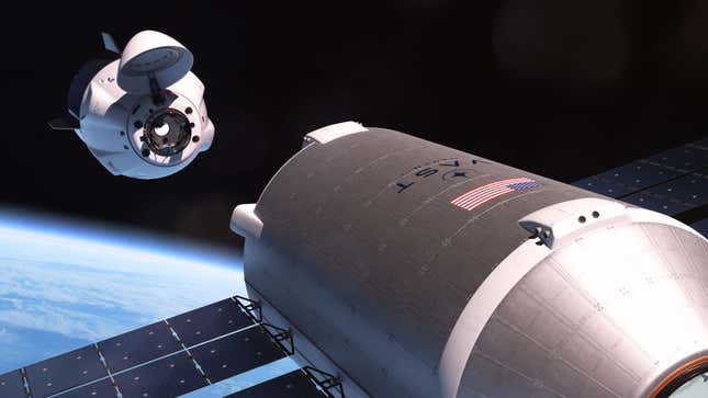 An illustration of SpaceX Dragon approaching Haven-1 to dock.