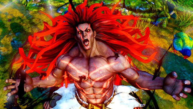Street Fighter V's Necalli is yelling up at the camera, his red hair flowing behind up.
