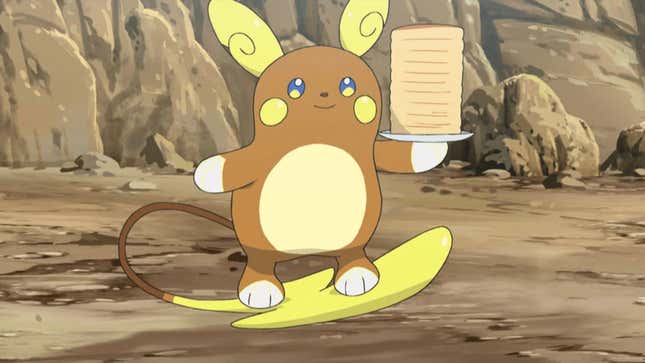 An Alolan Raichu is seen holding a plate of pancakes while floating above a rocky terrain.