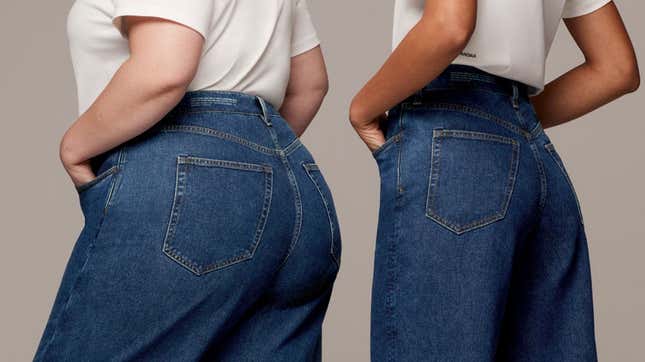 2 models offer a rear view of Unspun jeans in different sizes