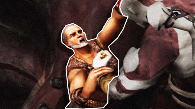 Kratos holds a man in his hands as he dangles over a large drop. 