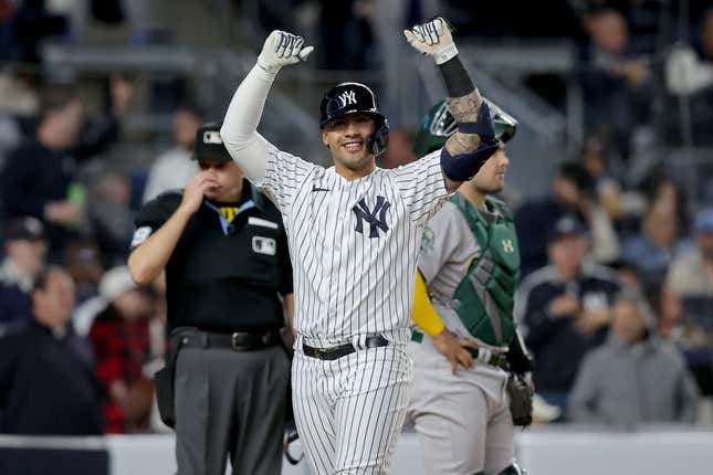 May 9, 2023; Bronx, New York, USA; New York Yankees second baseman Gleyber Torres (25) celebrates his two run home run against the Oakland Athletics during the fifth inning at Yankee Stadium.