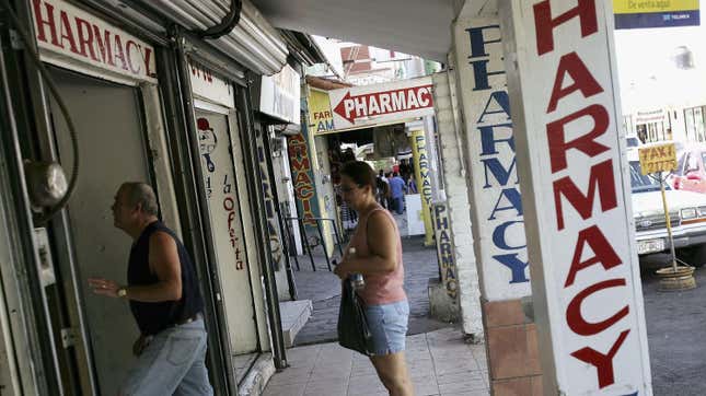 Photo of pharmacy storefronts in Nogales, Mexico 