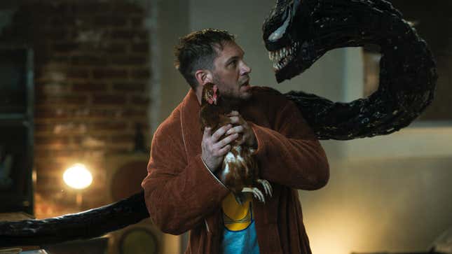 Venom faces off with Tom Hardy (and a chicken) in Venom: Let There Be Carnage.