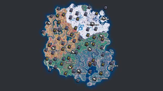 Une Carte De L'Île Fortnite Montre L'Emplacement Des Caisses Enregistreuses Et Des Coffres-Forts.