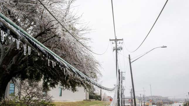 Frozen power lines are seen hanging near a sidewalk on February 01, 2023 in Austin, Texas. The freeze is moving on to northeastern states. 