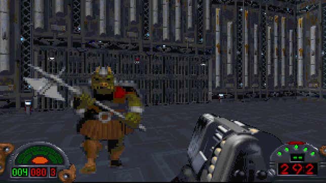 A screenshot from Dark Forces showing a pig-like alien guard. 