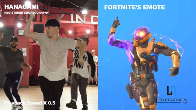 A side by side comparison of the Fortnite emote and Hanagami's choreography.