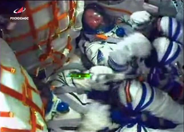 The astronauts shaken about as their Soyuz vehicle malfunctions.