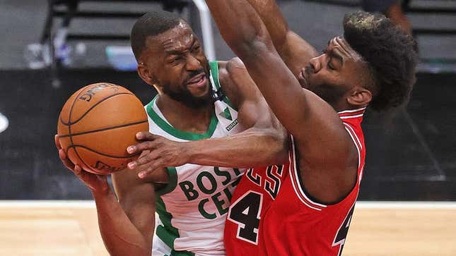 Boston’s Kemba Walker tries to get off a shot against Patrick Williams Bulls at the United Center on May 07, 2021.

