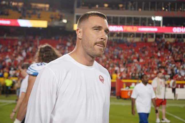 Sep 7, 2023; Kansas City, Missouri, USA; Kansas City Chiefs tight end Travis Kelce (87) on field against the Detroit Lions after the game at GEHA Field at Arrowhead Stadium.