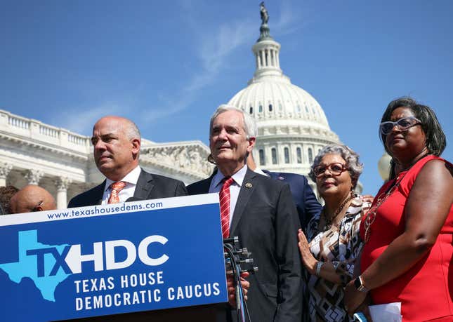 Texas State Democrats, left to right, Democratic Chair Rep. Chris Turner, Rep. Rafael Anchia, Rep. Senfronia Thompson, and Rep. Rhetta Bowers speak during a news conference on voting rights outside the U.S. Capitol on July 13, 2021 in Washington, D.C.