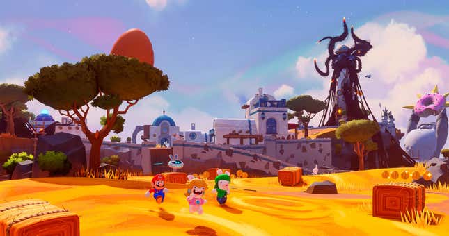 Mario and Rabbid Peach and Rabbid Luigi run toward the camera in Sparks of Hop.e