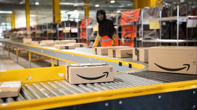 amazon packages in a warehouse, getting ready to ship out