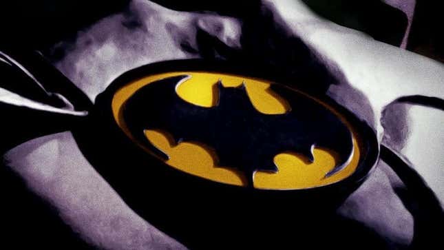 A close-up on the chest area and logo of Michael Keaton's original Batman costume.