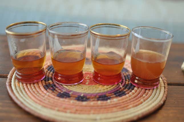 Samples of cold-brew cacao pulled after (left to right) nine, 10, 11, and 12 hours. By 16 hours, it was murky and delicious.