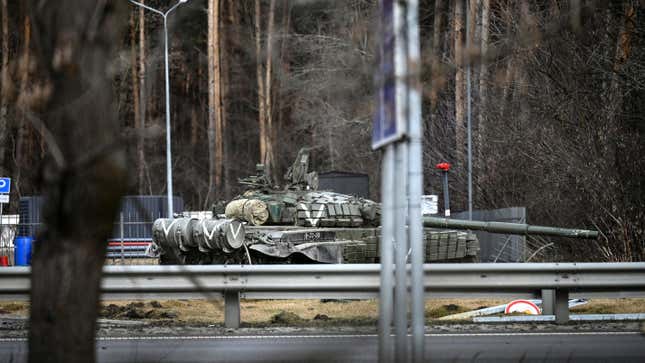 This general view shows a Russian tank in the city of Irpin, west of Kyiv, on March 4, 2022