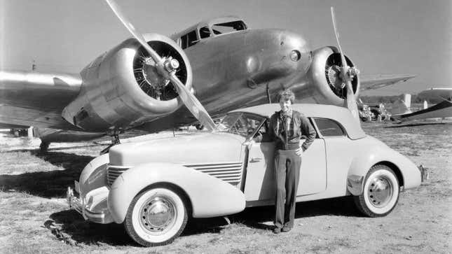 Amelia Earhart, her 1937 Cord 812 Phaeton, and the plane she’d eventually disappear while flying over the South Pacific.
