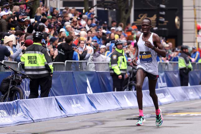 Albert Korir of Kenya crosses the finish line to place fourth in the professional Men’s Division during the 127th Boston Marathon on April 17, 2023 in Boston, Massachusetts.