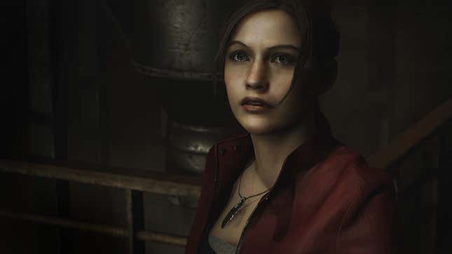 Claire Redfield looks up at something off screen.
