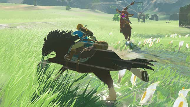 Image of Link on a horse fighting a bokoblin who is also on a horse.