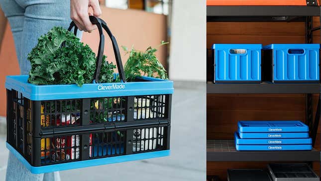 The CleverMade storage bins shown carrying around groceries and stored on shelves.