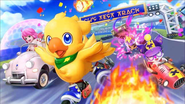 A Chocobo on roller blades races down a track in Chocobo GP. 