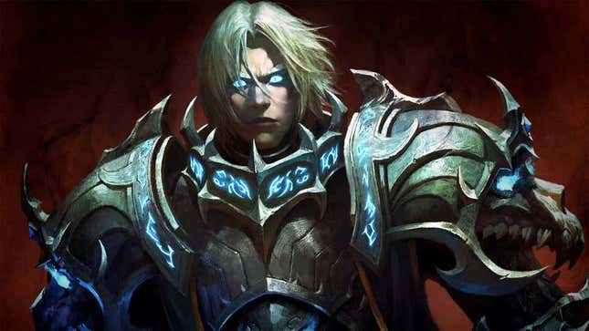 One of Blizzard's characters wearing jagged armor and staring with glowing blue eyes.