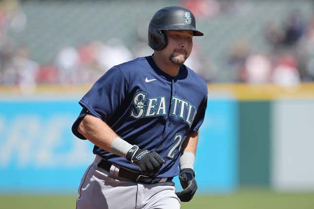 Apr 9, 2023; Cleveland, Ohio, USA; Seattle Mariners catcher Cal Raleigh (29) rounds the bases after hitting a home run during the first inning against the Cleveland Guardians at Progressive Field.