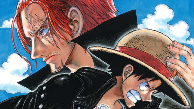 Shanks and Luffy look behind each other.