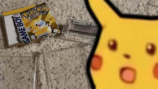 An image of an opened Pokémon Yellow copy, with Surprised Pikachu Face superimposed on top of it.