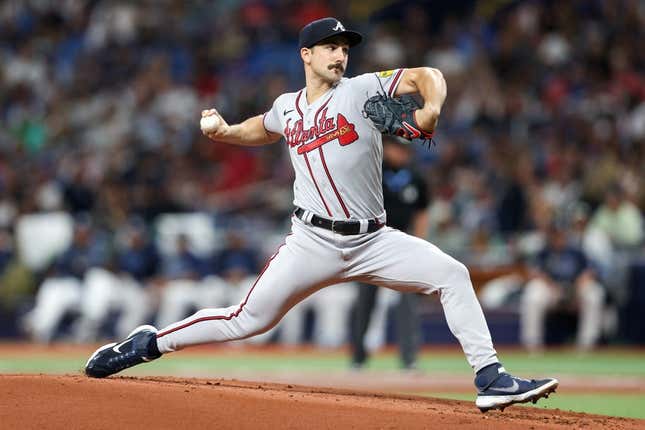 Jul 8, 2023; St. Petersburg, Florida, USA;  Atlanta Braves starting pitcher Spencer Strider (99) throws a pitch against the Tampa Bay Rays in the first inning at Tropicana Field.