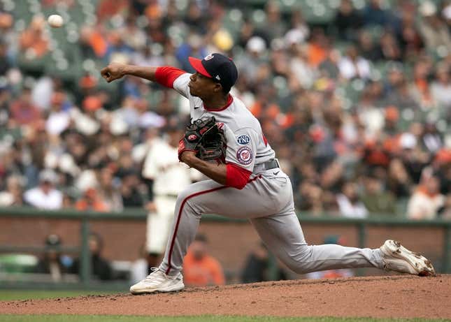 May 10, 2023; San Francisco, California, USA; Washington Nationals starting pitcher Josiah Gray (40) delivers a pitch against the San Francisco Giants during the second inning at Oracle Park.